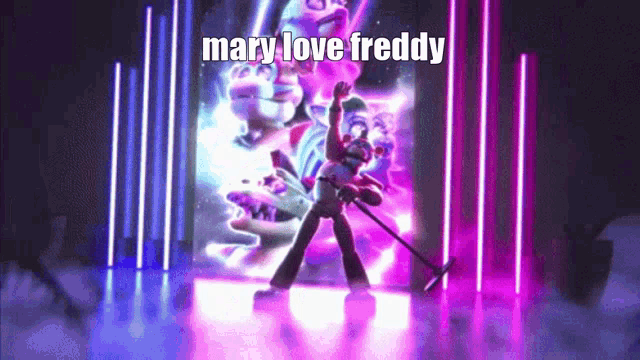 a cartoon character singing into a microphone with the words mary love freddy on the bottom