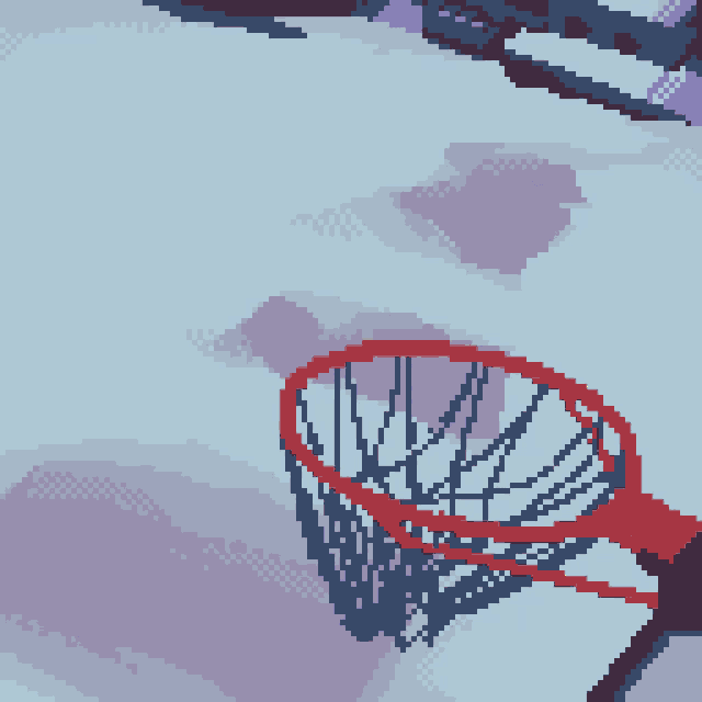 a pixel art drawing of a person holding a basketball hoop