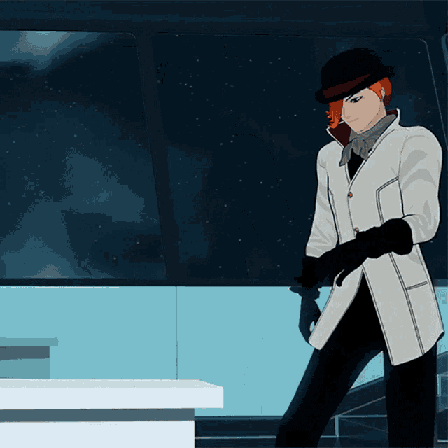 a cartoon character wearing a white coat and black gloves