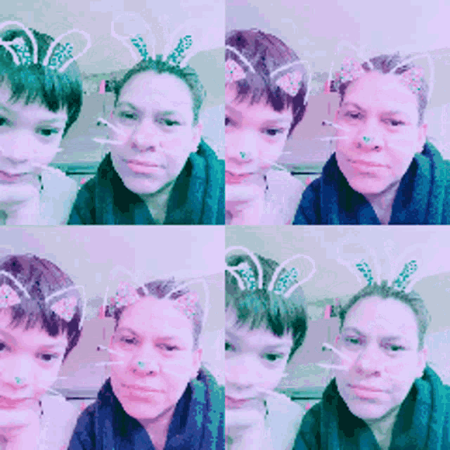 a collage of four pictures of a man and a woman wearing bunny ears