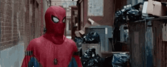 a man in a spider-man costume is standing in a alleyway .