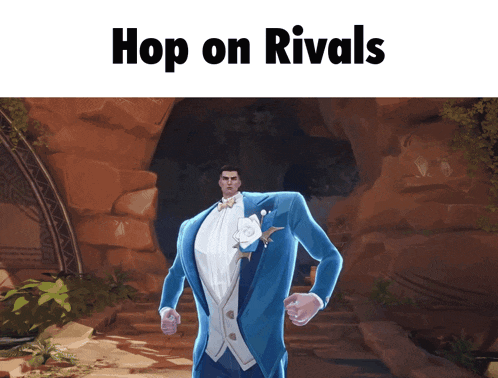 a picture of a man in a blue tuxedo with the words hop on rivals above him