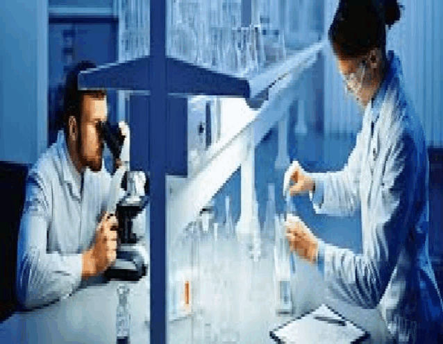 a man is looking through a microscope and a woman is pouring liquid into a test tube .