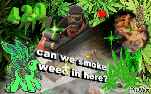 a man smoking a pipe with the words " can we smoke weed in here " on the bottom