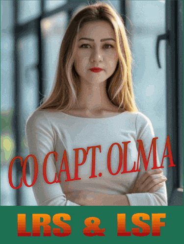 a woman stands with her arms crossed in front of a sign that says co capt olma lrs and lsf