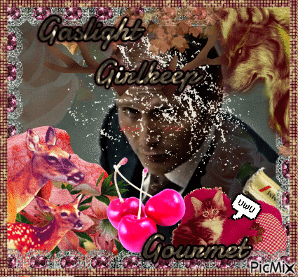 a man in a suit is surrounded by animals and flowers with the words gaslight girlkeeper gourmet