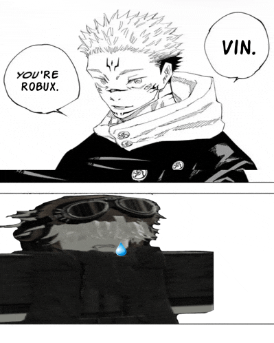 a black and white drawing of a man with a speech bubble saying you 're robux