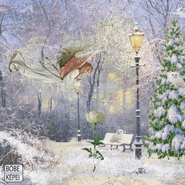a painting of an angel flying over a snowy park with a sign that says bobe képei
