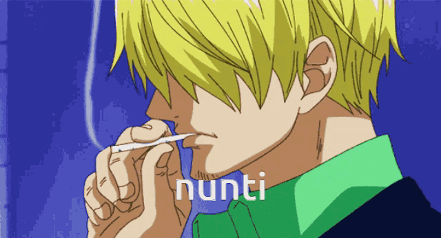 a man in a green shirt is smoking a cigarette and the word nunti is on the bottom right