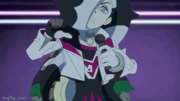 a cartoon character is holding a microphone in a purple room .