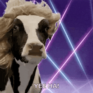 a cow wearing a wig and a crown is standing in front of a neon background .