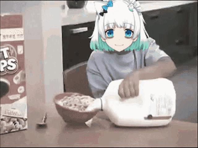 a girl with green hair is pouring milk into a bowl of cereal .