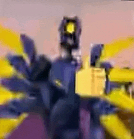 a blurry picture of a purple and yellow robot with a yellow eye