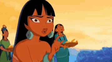 a pixelated cartoon of a woman standing next to two other women .