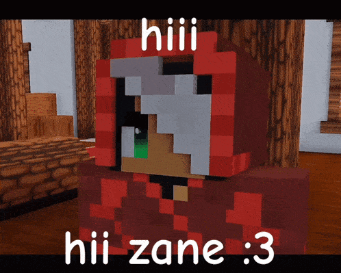 a picture of a minecraft character with the words hiii hiii zane : 3