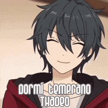 a boy with dark hair is smiling with the words dormi temprano thaedeo written below him