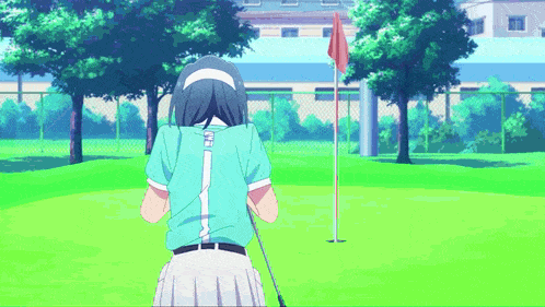 a girl in a blue shirt with the number 1 on it is playing golf