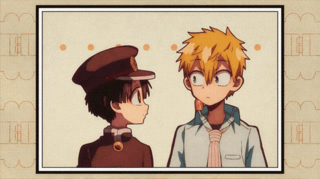 two anime characters are standing next to each other and one has a tie