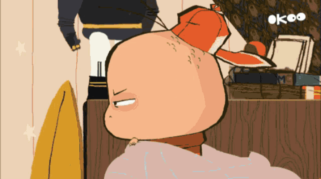 a cartoon of a bald man with a red hat on his head