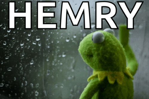 a kermit the frog looking out a window with the word hemry written above him