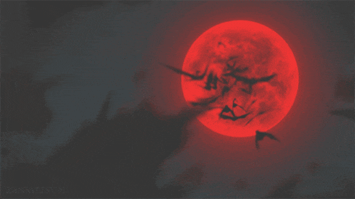 a painting of a bat flying in front of a red full moon