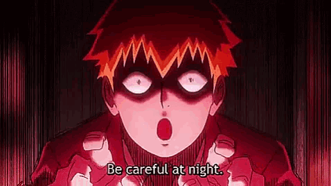 a cartoon character is saying `` be careful at night '' while holding his hands out .