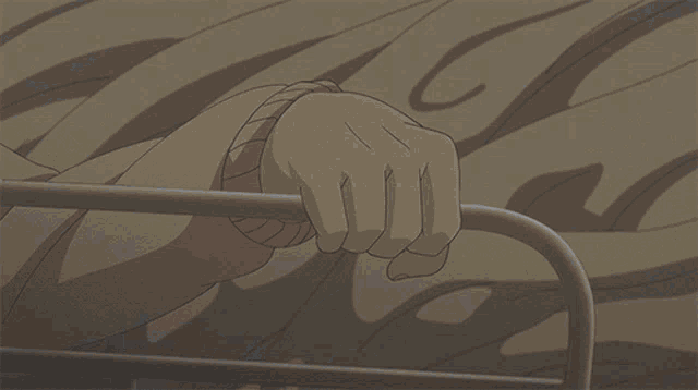 a person 's hand is reaching out over a railing in a black and white drawing