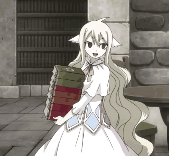 a girl in a white dress is holding a stack of books in her hands