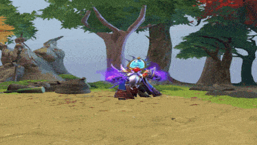 a video game character is standing in the middle of a field with trees in the background