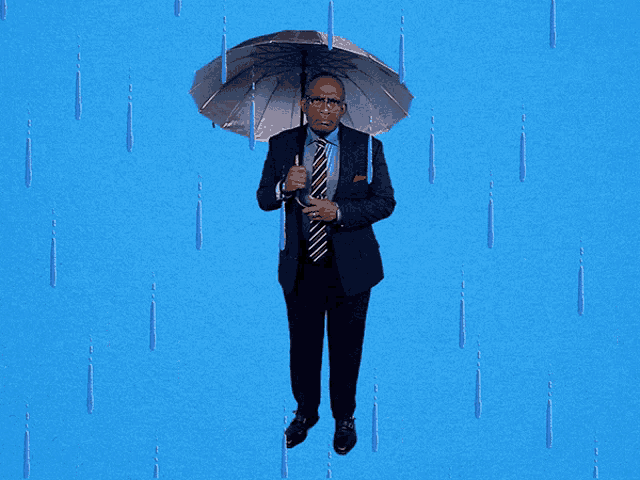 a man in a suit holds an umbrella in the rain