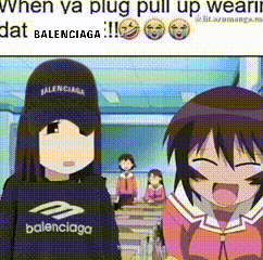 two anime girls are standing next to each other in a classroom wearing balenciaga shirts and hats .