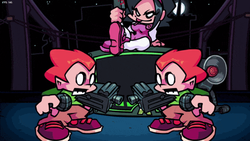 two cartoon characters holding guns in front of a girl in a pink outfit