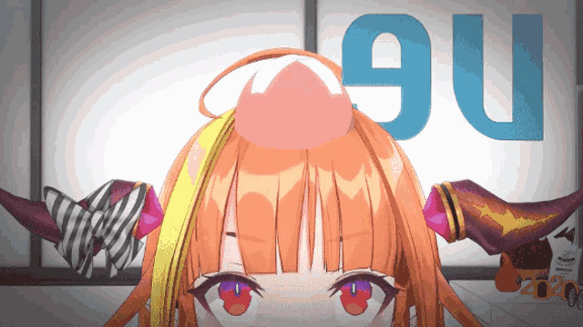 a close up of a girl 's face with the number 9 on the wall behind her