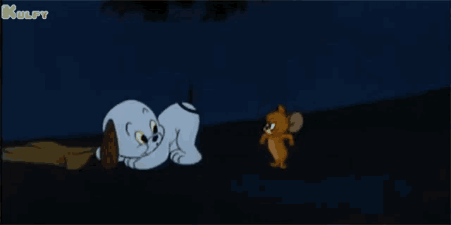 a cartoon dog is laying on the ground next to a cat .