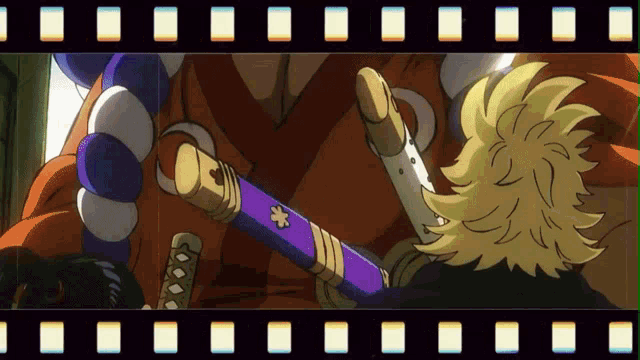 a film strip shows a cartoon character holding a purple sword