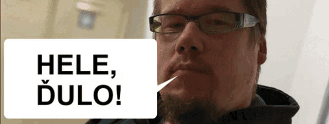 a man with glasses and a speech bubble that says hele dulo