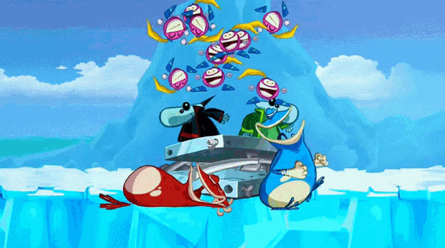 a bunch of cartoon characters are floating in the air