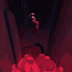 a woman is flying through the air in a red dress