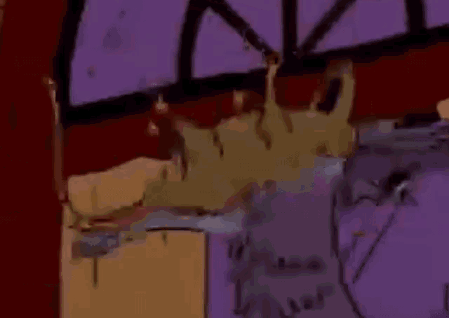 a cartoon character is standing in front of a purple wall with a clock on it .