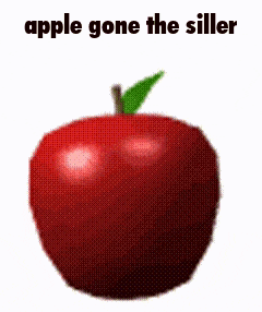 a red apple with a green leaf and the words apple gone the siller written above it