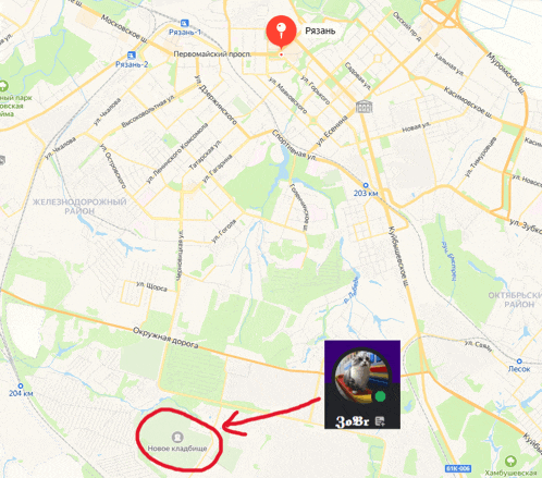 a map of a city with a red circle pointing to a place called новая кладба