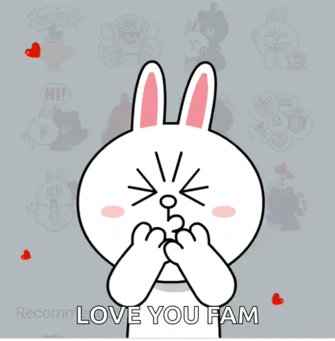 a cartoon bunny holding a red heart with the words love you fam written below it