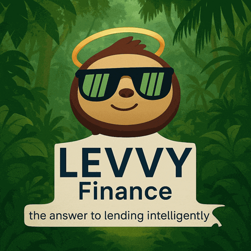 a logo for levvy finance with a sloth wearing sunglasses and a halo on his head