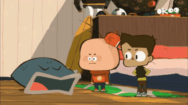 two cartoon characters are standing next to each other with the word ok on the bottom