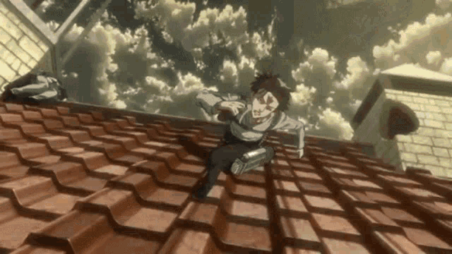 a man is standing on a roof with a gun in his hand .