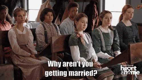 a group of people are sitting in a church with the words " why aren 't you getting married "