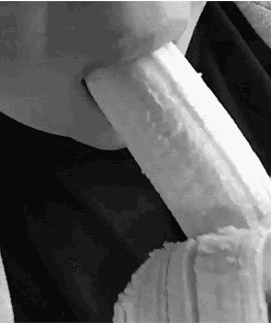 a close up of a person eating a banana in a black and white photo