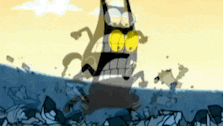 a cartoon character with yellow eyes and sunglasses is standing in the water .