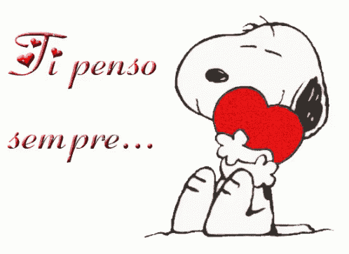 a cartoon of snoopy holding a red heart with the words ti penso sempre below him