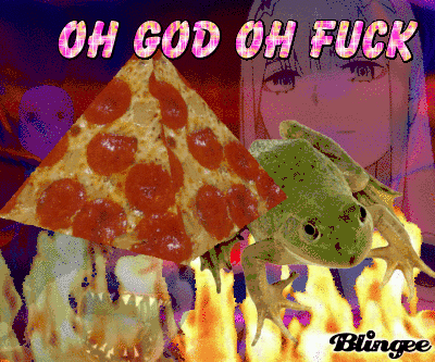 a frog is sitting on a slice of pepperoni pizza with the words oh god oh fuck behind it